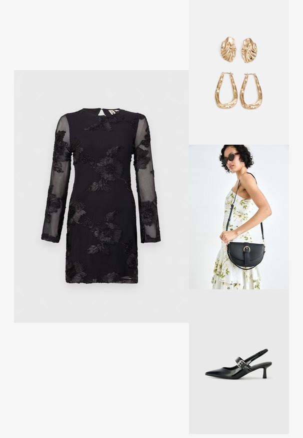 Vestido preto com mangas longas transparentes, apresentando um intricado bordado floral, decote redondo e um fecho em forma de olho ao fundo.; Saltos slingback em verniz preto com bico pontiagudo e um pequeno salto bloco, apresentando um detalhe de fivela prateada na tira.; Bolsa de couro preta com forma curva, alça destacável e detalhes em dourado. A bolsa possui uma aba com detalhe de fivela.; Brincos em tom de ouro com formas onduladas e texturizadas. Inclui studs escultóricos com presilha e um design de argola aberta com um acabamento martelado.
