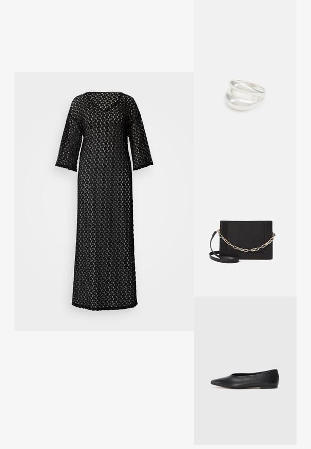 Juoda nėrinių suknelė su V formos iškirpte, trims ketvirtadaliais rankovėmis ir ilgu, laisvai krintančiu siluetu. Puikuojasi išraiškingais, subtiliais raštais visoje suknelėje.; Juodas odinis baleto batas, su smailiu pirštu, minimalistinio dizaino, lygiu paviršiumi, žemo profilio kulnu, be matomos aparatūros ar papuošimų.; Juodas odinis per petį nešiojamas krepšys turi lygų paviršių, stačiakampio formą ir metalinę grandinėlę priekyje. Pridedama reguliuojama dirželis.; Sidabrinis dvigubas žiedas su lygiu, poliruotu paviršiumi. Pasižymi sklandžiu, kreiptu dizainu su persipinančiomis dalimis, suteikiančiomis modernų išvaizdą.