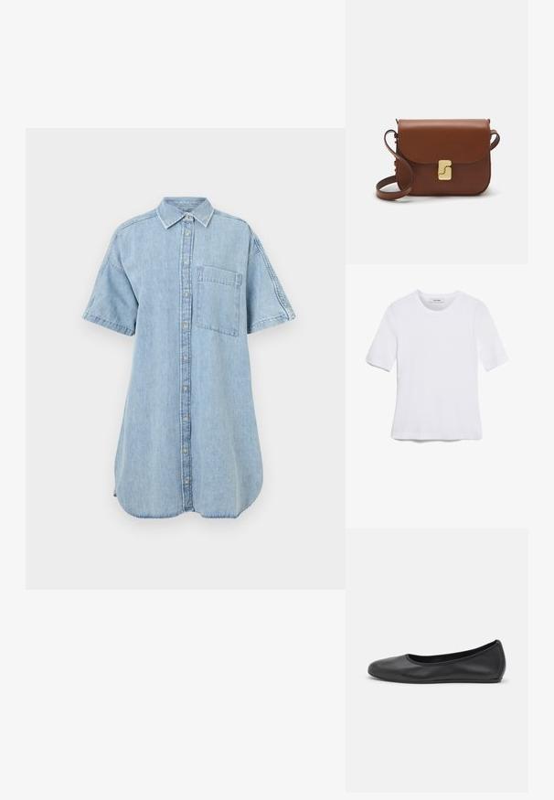 Denim shirt dress in light blue, featuring a button-up front, short sleeves, and a single chest pocket. Smooth texture with curved hem.; White short-sleeve t-shirt made of ribbed fabric. Round neckline, regular fit, and subtle stitching details. No patterns or graphics.; Black leather ballet flat with a rounded toe, smooth texture, minimal stitching detail, and a flexible sole design.; Brown leather handbag with a flap closure, gold-tone hardware, a shoulder strap, and a smooth texture. Compact rectangular shape.