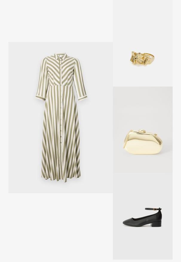 Ribade kleit, millel on oliivrohelised ja valged vertikaalsed triibud, nööbiga sulgumine, krae ja kolmeveerandiline varrukas. Voolav disain ja põlve pikkus.; Must mustaapp, millel on terav nina ja madal blokk-kand. Omab pahkluu rihma koos kuldse tooni pandlaga. Sile tekstuur.; Kuldne metallist käekott sujuva, ümarate kujude ning ülemise nupuvajutusega kinnitusega. Koti küljes on väike kett, et oleks mugav kanda.; Kuldne sõrmus tekstureeritud, lainelise disainiga, millel on kolm silmapaistvat tippu. Sile, läikiv pind ja avatud riba, mis võimaldab reguleeritavat sobivust.