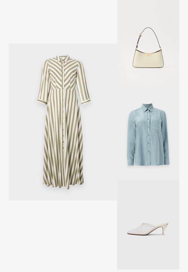 Dryžuota suknelė su alyvuogių žaliais ir baltais vertikaliais dryžiais, mygtukų uždarymu, apykakle ir trijų ketvirčių rankovėmis. Srauni konstrukcija ir kelio ilgis.; Šviesiai mėlyna ilgomis rankovėmis marškiniai, pagaminti iš lygios medžiagos, su mygtukų užsegimu priekyje, apykakle ir viena krūtinės kišene.; Baltos tinklelio smailiakojės mules su plonu vidutinio aukščio kulnu ir užkulnio dizainu ant vientiso fono.; Kremos spalvos odinė rankinė su kreiva forma. Savybė - auksinės spalvos logotipo akcentas ir plona, reguliuojama tamsi dirželis.