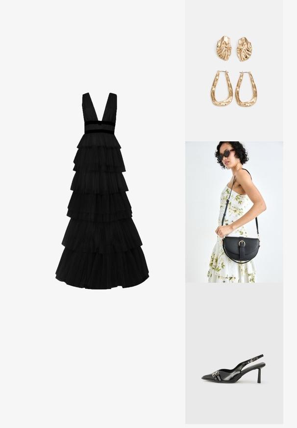 True Decadence Maxikjoler - black; Sorte patenterede læderslagback sko med spids tå, ankleremme med sølvspænder og hardware samt en slank hæl.; Sort læderhåndtaske med en buet form, aftagelig rem og guldfinish. Tasken har en klap med en spænde detalje.; Guldtonede øreringe med teksturerede, bølgede former. Inkluderer skulpturelle clips og en åben ringdesign med en hamret finish.