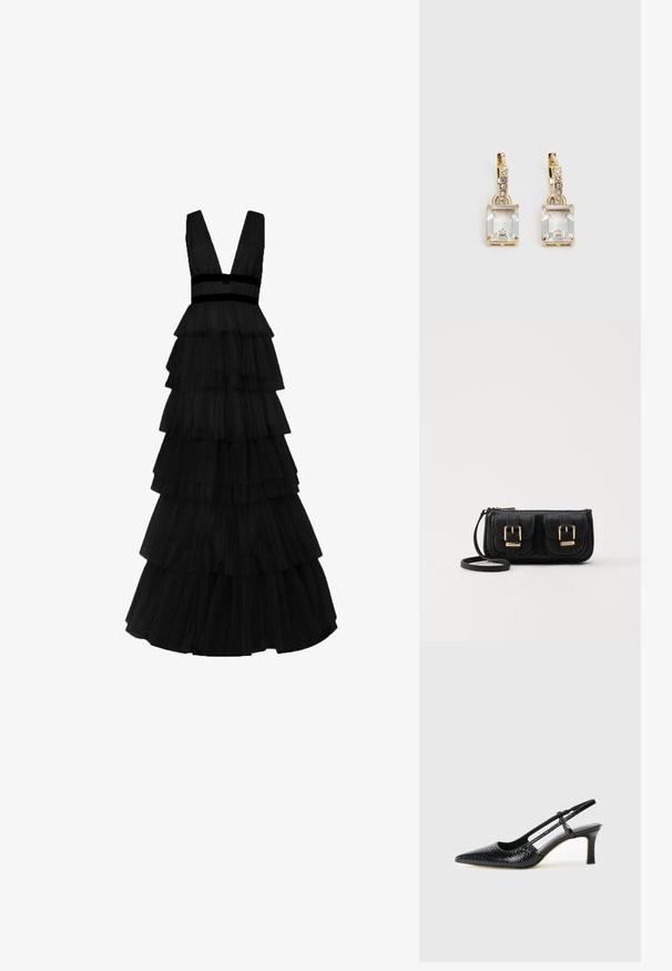True Decadence - Długa sukienka; Czarne lakierowane czółenka na obcasie typu slingback z wąskim noskiem, z teksturowanym wzorem wężowym, regulowanym paskiem oraz krótkim, teksturowanym obcasem w kształcie słupka.; Czarna skórzana torba na ramię z dwoma przednimi kieszeniami, złotymi klamrami, zamkiem błyskawicznym i cienkim paskiem. Teksturowana powierzchnia i kompaktowy prostokątny kształt.; Złote kolczyki z prostokątnym, przezroczystym kryształem zwisającym poniżej rzędu małych, okrągłych, przezroczystych akcentów. Elegancki, nowoczesny design.