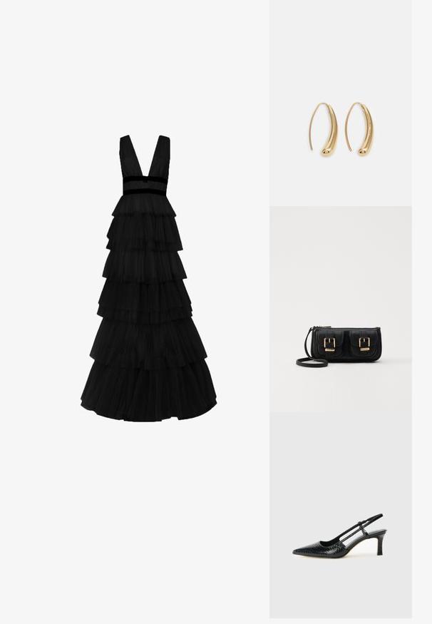 True Decadence Maxiklänning - black; Svart lackskin slingback-häl med spetsig tå, med texturerad ormskinnsprint, justerbar rem och en kort, texturerad blockklack.; Svart läderaxelväska med två framfickor, guldspännen, dragkedjestängning och en smal rem. Texturerad yta och kompakt rektangulär form.; Guldtonade metallörhängen i en kurvad, avlång form. Har en slät, glänsande yta och en rundad spets för en extra detalj.