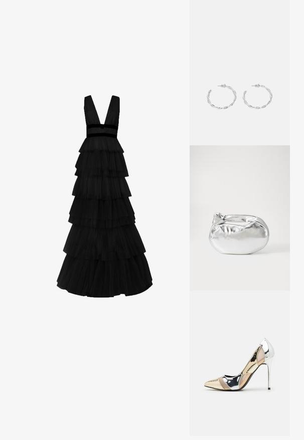 True Decadence Maxikleid - black; Spitz zulaufender High-Heel-Schuh in einer Farbgestaltung aus Silber, Gold und Nude. Glänzende Oberfläche mit Ausschnittdesign und stiletto Absatz.; Silberne metallic Pouch-Tasche mit einer sanften, abgerundeten Form und einem geknoteten Verschluss oben. Hergestellt aus glattem Kunstleder.; Silberne Creolen mit gedrehter Gestaltung, ausgestattet mit einer polierten Oberfläche und einer Steckverschluss. Sie haben einen Durchmesser von ca. 3 cm.