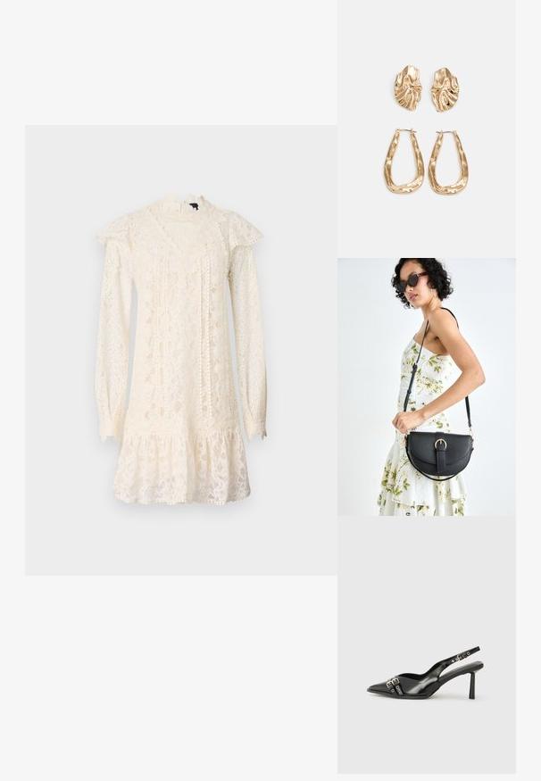 Spitzenkleid in Elfenbein mit langen Ärmeln, hohem Kragen, Rüschendetails und einem gestuften Saum. Präsentiert filigrane Blumenmuster im gesamten Kleid.; Schwarzer Lackleder Slingback-Schuh mit spitzem Zehenbereich, Knöchelriemen mit silbernen Schnallen und Beschlägen sowie einem schlanken Absatz.; Schwarze Lederhandtasche mit geschwungener Form, abnehmbarem Tragegurt und goldenen Beschlägen. Die Tasche verfügt über einen Deckel mit einer Schnallen-Details.; Ohrringe in Goldoptik mit strukturierten, gewellten Formen. Beinhaltet skulpturale Clip-Ohrringe und ein offenes Hoop-Design mit gehämmertem Finish.