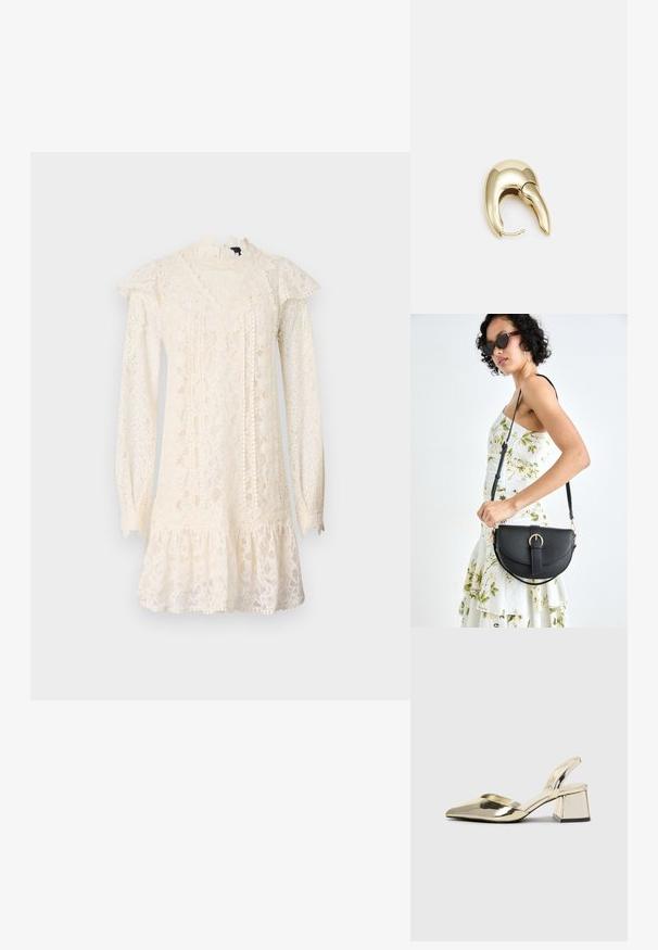 Spitzenkleid in Elfenbein mit langen Ärmeln, hohem Kragen, Rüschendetails und einem gestuften Saum. Präsentiert filigrane Blumenmuster im gesamten Kleid.; Goldene, metallische Slingback-Absätze mit spitzem Zeh und dicker Ferse. Glatte Textur, minimalistisches Design und ein schmaler Riemen.; Schwarze Lederhandtasche mit geschwungener Form, abnehmbarem Tragegurt und goldenen Beschlägen. Die Tasche verfügt über einen Deckel mit einer Schnallen-Details.; Ohrringe aus goldfarbenem Metall mit einem schlanken, geschwungenen Design. Sie verfügen über eine markante, spitze Form, eine polierte Oberfläche und einen Scharnierverschluss.