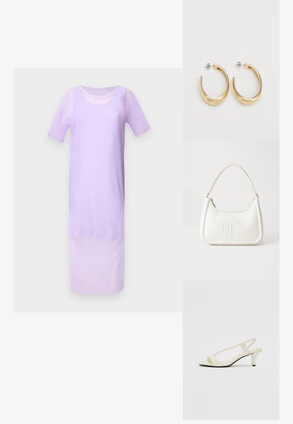 Lila geripptes Midikleid mit kurzen Ärmeln, rundem Ausschnitt und glatter Textur. Die Länge reicht bis knapp über die Knöchel.; Beige Blockabsatzsandalen mit dünnen Riemen und quadrater Spitze. Glattes Material mit minimalem Design, entworfen für einfaches Tragen.; Weiße Lederhandtasche mit abgerundeter Form, ausgestattet mit einem geprägten "CK"-Logo auf der Vorderseite und einem Einzel-Schultergurt. Reißverschluss oben.; Goldfarbene Creolen mit einem glatten, geschwungenen Design. Aus Metall gefertigt, mit einer eleganten Oberfläche und einem Steckverschluss.