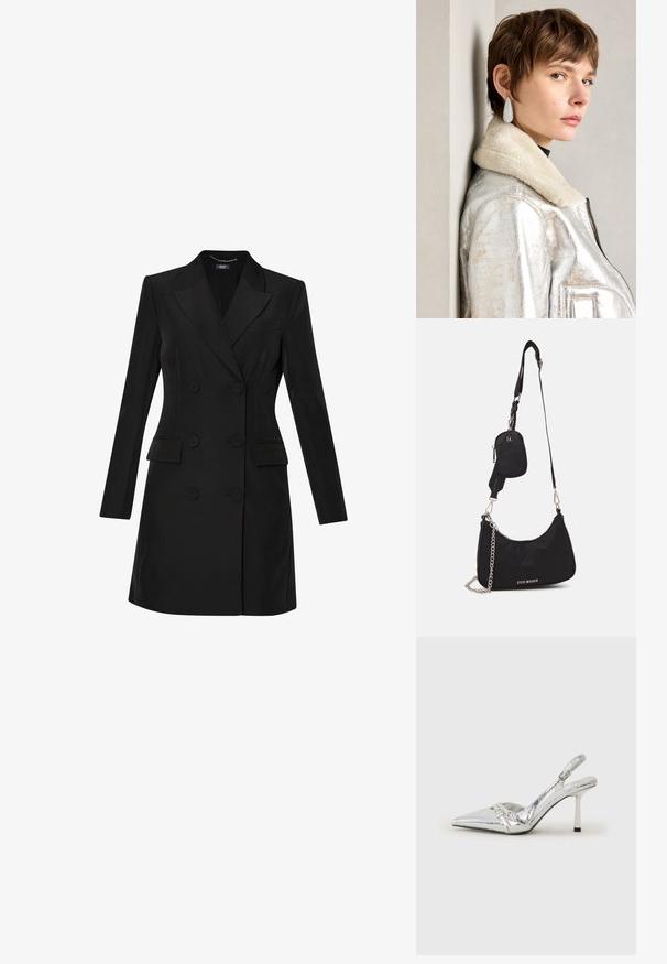 LIU JO STRETCH DOUBLE-BREASTED - Blousejurk - black; Zilveren slingback hoge hak schoen met een spitse neus, metalen afwerking, twee decoratieve banden en een slanke hak met een zwarte punt.; Zwarte nylon schoudertas met een gebogen vorm, zilveren kettingaccent, afneembaar mini-zakje en verstelbare schouderband; voorzien van het "Steve Madden" logo.; Zilveren metalen leren jas met een schapenwollen kraag, voorzien van een ritssluiting en een gestructureerd oppervlak. Grote druppelvormige oorbellen met heldere edelstenen.