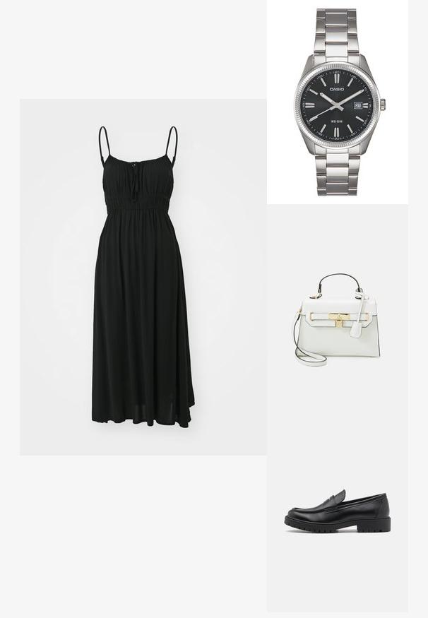 Roxy SKIES SOLID - Päevakleit - anthracite; Mustad musta nahast loafers, ümmarguse toe, libisemisega disain ja paks kummist tald, millel on tekstureeritud haardepind. Tõstetud kand ja peened õmblusdetailid.; Valge käekott krokodillimustriga, kuldsete detailidega, ülemise käepideme ja eemaldatava õlavööga; lukuga sulgemine ja minimaalne disain.; Hõbedane roostevabast terasest kell musta kellakujulise numbriga, märgitud tunni näidikutega, kuupäeva kuvamisega ja veekindel kuni 50 meetrit.; Hõbedane metalne käevõru, millel on sile, matt viimistlus. Omab avatud disaini ümarate servadega, mis võimaldab reguleerida suurust.