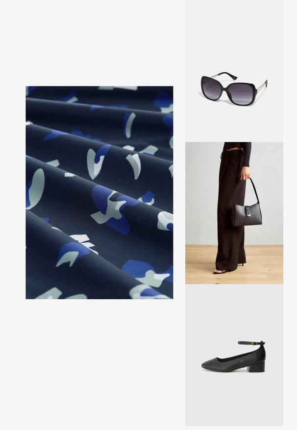 Textil mit einem dunklen Marinehintergrund und abstrakten blauen und hellgrünen Formen. Glatte Textur mit einem subtilen Glanz und gefalteten Schichten.; Schwarze Lederpumps mit spitzem Zehenbereich und niedrigem Blockabsatz. Mit einem Knöchelriemen und einer goldfarbenen Schnalle. Glatte Textur.; Schwarze übergroße Sonnenbrille mit getönten Gläsern, dicken Rahmen und goldfarbener Kettendetaillierung an den Bügeln.; Schwarze Handtasche mit strukturierter Form, glatter Textur und einem metallischen Verschluss. Kombiniert mit weiten schwarzen Hosen und offenen Sandalen auf einem Holzboden.