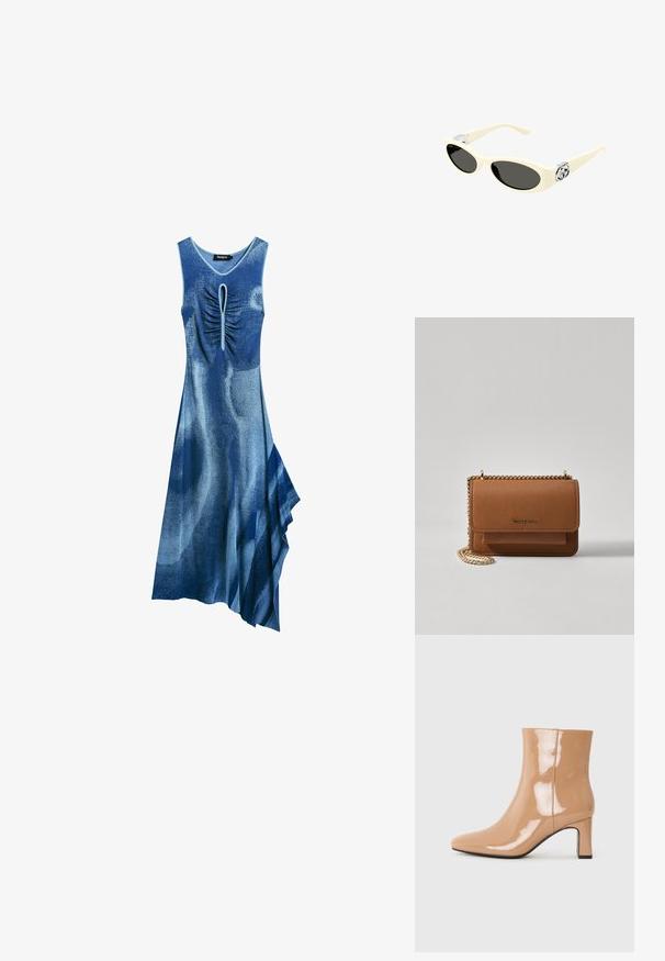 Plava haljina s bez rukava, naboranim prednjim dijelom s prorezom u obliku ključa i asimetričnim rubom s lepršavom teksturom tkanine.; Nude patent čizme do gležnjeva s oblikom ušiljenog vrha, sjajnom završnom obradom i blok potpeticom srednje visine. Glatka tekstura i elegantan siluet.; Smeđe naočale sa ovalnim sočivima, crnim tonom i metalnim logotipom na sljepoočnicama. Glatka tekstura, mačkasti oblik.; Smeđa kožna torba preko tijela s teksturom, zlatnim lančićem i preklopom na zatvaranju. Na prednjoj strani nalazi se detalj s potpisom i džep ispod preklopa.