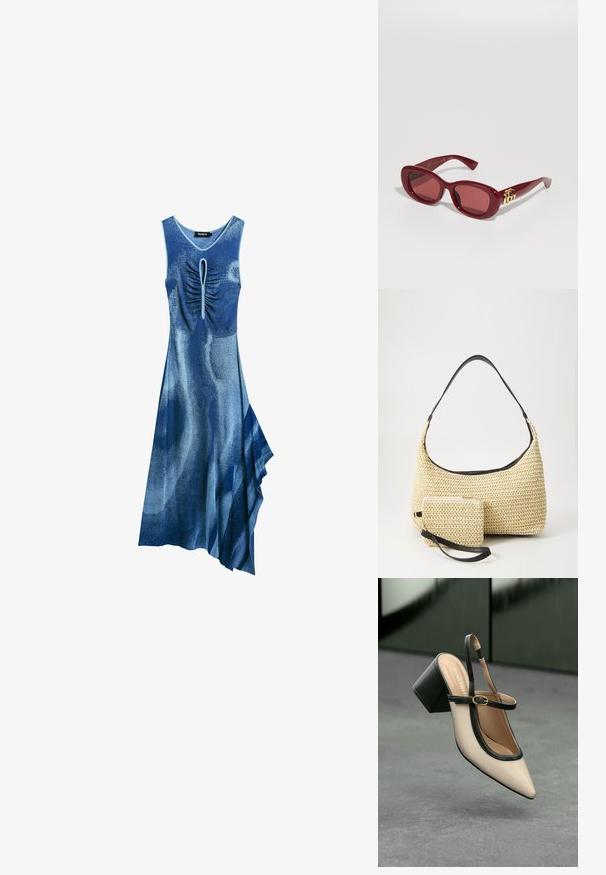 Blaues Kleid mit ärmellosem Design, gerafftem Vorderteil mit einem Schlüsselloch-Ausschnitt und asymmetrischem Saum aus fließendem Stoff.; Beige Slingback-Schuh mit spitzer Zehenpartie, schwarzer Umrandung, goldener Schnalle und dicker Blockabsatz auf grauem Boden vor dunklem grünen Hintergrund.; Rote Plastiksonnenbrille mit rechteckigen Rahmen, getönten Gläsern und einer goldenen Logo-Akzentuierung an den Bügeln. Glatte, glänzende Oberfläche.; Geflochtene Strohtasche mit geschwungener Silhouette, ausgestattet mit einem glatten schwarzen Ledergriff und einem passenden kleinen Beutel, der mit einem Handgelenkriemen befestigt ist.