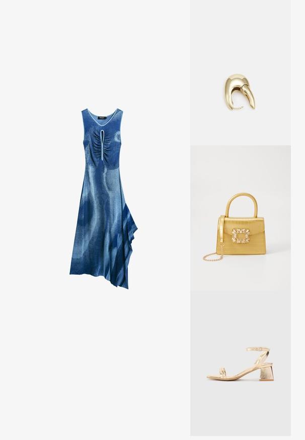 Modré šaty s bezramenným designem, nařaseným předním dílem s klíčovou výřezem a asymetrickým lemem s splývavou texturou látky.; Zlaté metalické sandály na podpatku s ostrým blokovým podpatkem, dvěma pásky přes nohu a nastavitelným páskem kolem kotníku. Hladká textura.; Žlutá kabelka z umělé krokodýlí kůže se strukturovaným designem, horním uchopem, odnímatelným řetízkovým popruhem a dekoračním krystalovým zdobením na zapínání.; Náušnice ve zlatém tónu z kovu s elegantním zakřiveným designem. Vyznačují se jedinečným špičatým tvarem, lesklým povrchem a závěsem na kloub.