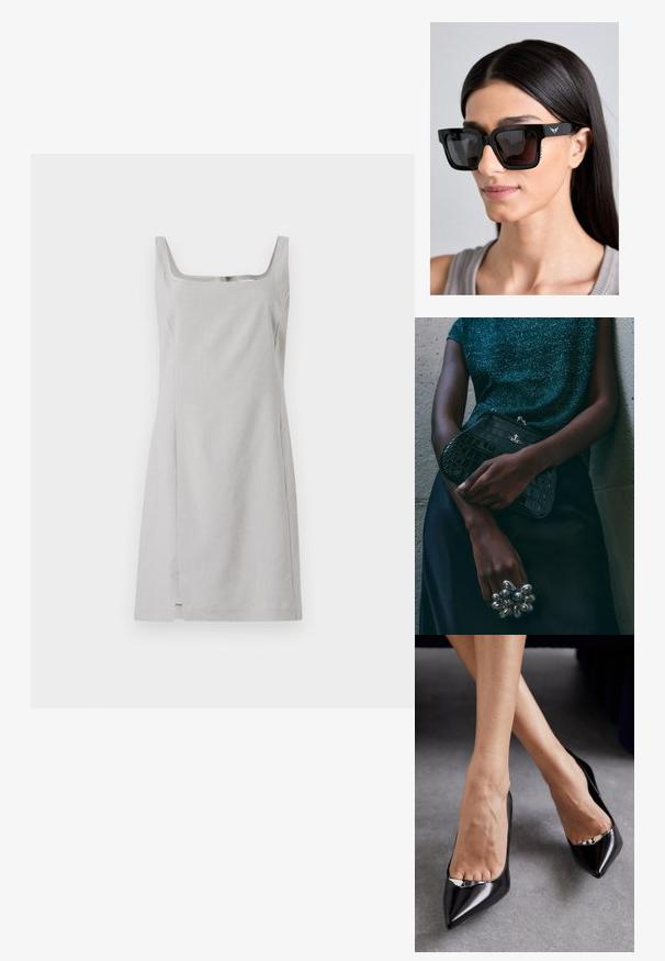 Rochie gri fără mâneci, cu decolteu pătrat, siluetă ajustată și tiv drept. Fabricată dintr-un material ușor, cu o textură netedă.; Pantofi negri din piele cu toc înalt, cu vârf ascuțit și design deschis, având un accent decorativ din argint. Textură netedă cu finisaj lucios.; Ochelari de soare negri supradimensionați cu rame pătrate, lentile întunecate și un detaliu subtil cu logo în formă de aripă pe brațul ochelarilor. Prezintă accente texturate pe părți.; Geantă de umăr de tip clutch, cu model de crocodil negru și detalii din metal argintiu, sprijinită pe un fundal texturat gri. Prezintă o suprafață lucioasă.