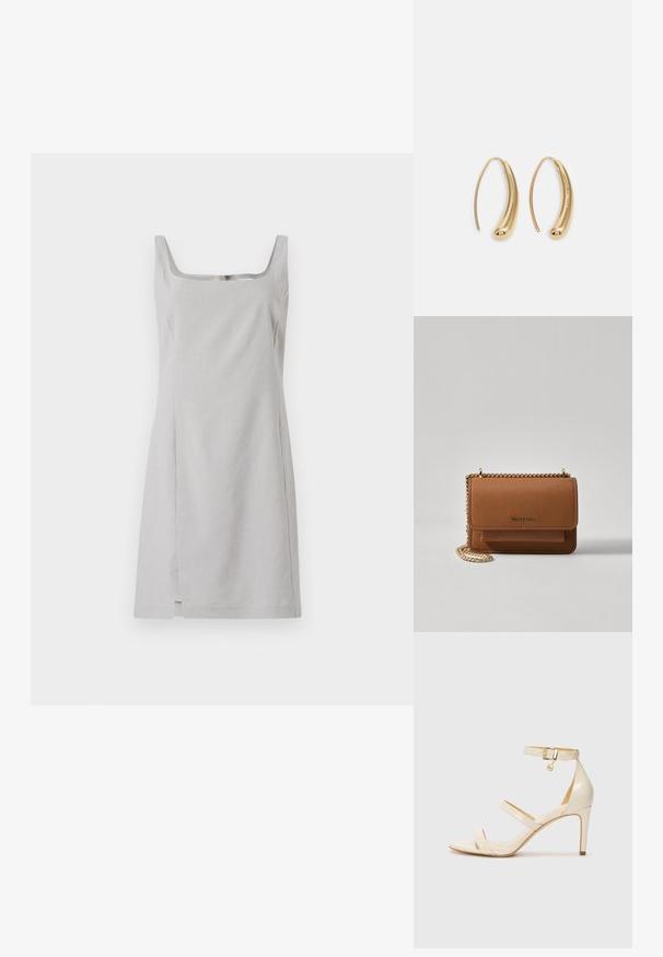 Grå ermeløs kjole med firkantet utringning, tett silhuett og rett kant. Laget av et lett materiale med en jevn tekstur.; Beige høyhælte sandaler med tynn ankelstropp og to stropper over. Glanset lakkfinish og detaljer i gull på ankelstroppen.; Brun teksturert lær crossover-veske med gullkjede-stropp og klaffelukking. Fronten har logo-detalj og en lomme under klaffen.; Gullfargede metalløredobber med en buet, forlenget form. Har en jevn, blank overflate og en avrundet tupp for ekstra detaljer.