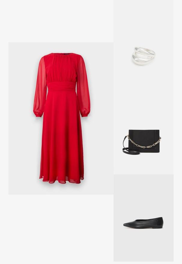 Sarkans šifona kleita ar garām, caurspīdīgām piedurknēm, krokotā krūšu daļa un plūstoša A formas siluets. Mīksta tekstūra un potītes garuma dizains.; Melna ādas baleta kurpe, ar norādītu purngalu, minimālisma dizains, gluda tekstūra, zema papēža augstums, bez redzamiem aksesuāriem vai rotājumiem.; Melna ādas crossbody soma ar gludu faktūru, taisnstūrveida formu un metalizētu ķēdes detaļu priekšā. Iekļauta regulējama siksna.; Sudraba divu joslu gredzens ar gludu, pulētu virsmu. Iezīmējas ar plūstošu, izliekta dizaina struktūru ar pārklājošām sekcijām modernam izskatam.