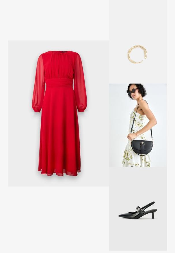 Rdeča šifonska obleka z dolgimi, prozornimi rokavi, nabranim telesom in padajočo A-linijo. Mehak material in dolžina do gležnjev.; Črne patent usnjene slingback pete s koničastim nosom in majhnim blok peto, ki vključujejo srebrno zaponko na traku.; Črna usnjena torbica s ukrivljeno obliko, z odstranljivo naramnico in zlatimi dodatki. Torbica ima pokrov s podrobnostmi v obliki zaponke.; Zlati prstan s organskim, zvitim dizajnom, gladko površino in taperiranimi konci, ki ustvarja modernega, skulpturalnega videza.