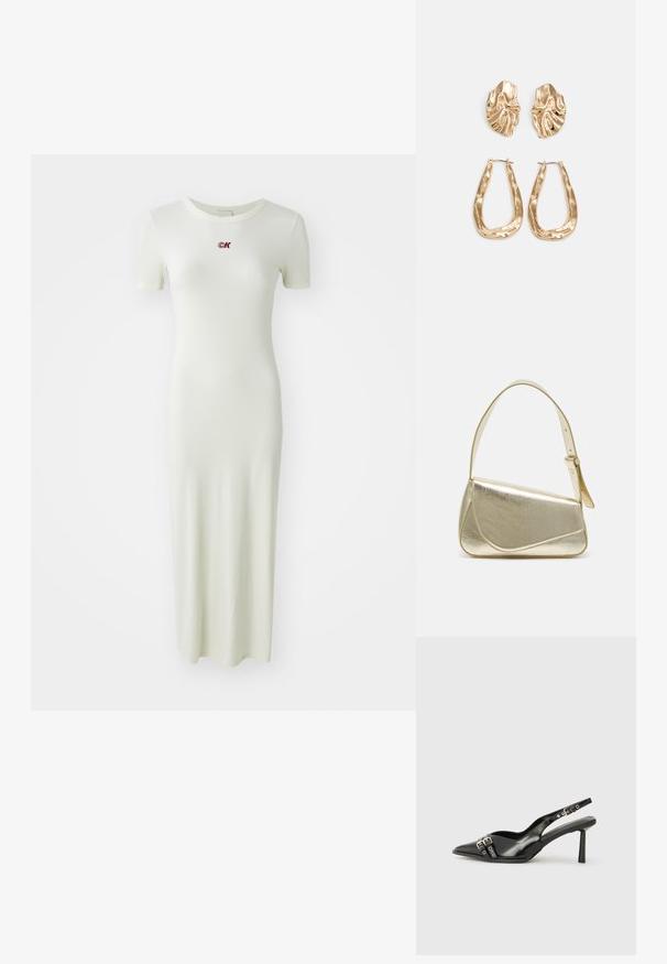 Vestido canelado, até aos tornozelos, em verde claro com mangas curtas e decote redondo, apresentando um pequeno logótipo bordado em vermelho no peito.; Sapato slingback preto em pele patentada com bico apontado, tiras no tornozelo apresentando fivelas e acessórios prateados, e um salto elegante.; Bolsa de mão metálica dourada com um design estruturado, textura suave e alça ajustável. Apresenta uma forma triangular única e costura minimalista.; Brincos em tom de ouro com formas onduladas e texturizadas. Inclui studs escultóricos com presilha e um design de argola aberta com um acabamento martelado.