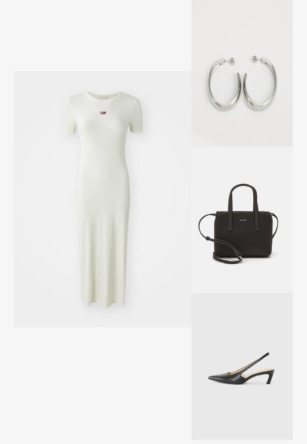 Rebrasto, obleko do gležnjev v svetlo zeleni barvi z kratkimi rokavi in okroglim ovratnikom, ki ima na prsih mali rdeči vezen logotip.; Črne čevlje s koničastimi nosovi in slingback obliko z nizko peto, izdelane iz gladke usnjene materiale ter s črtasto zasnovo na strani za prezračevanje.; Črna torbica z dvema kratkima ročajema in odstranljivim naramnim trakom. Gladek usnju podoben material z zadrgo in podrobnostmi z logotipom.; Srebrni uhani v obliki obroča z gladkim, ukrivljenim oblikovanjem. Imajo sijajno kovinsko površino in zapiranje na žebljiček. Brez vidnih vzorcev ali dodatkov.