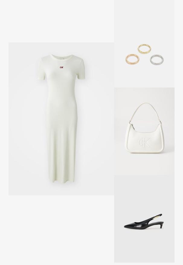Prążkowana, długości kostek sukienka w jasnym zielonym kolorze, z krótkimi rękawami i okrągłym dekoltem, z małym czerwonym haftowanym logo na piersi.; Czarne skórzane szpilki typu slingback z ostrym noskiem, posiadające smukły obcas i złoty akcent na regulowanym pasku. Gładka tekstura.; Biała skórzana torebka o zaokrąglonym kształcie, z wytłoczonym logo "CK" z przodu i pojedynczym paskiem na ramię. Zapięcie na zamek z góry.; Trzy metalowe pierścienie: jeden w różowym złocie, jeden złoty z teksturowanymi akcentami, oraz jeden srebrny, wszystkie z wygrawerowanym brandingiem na wewnętrznej stronie.