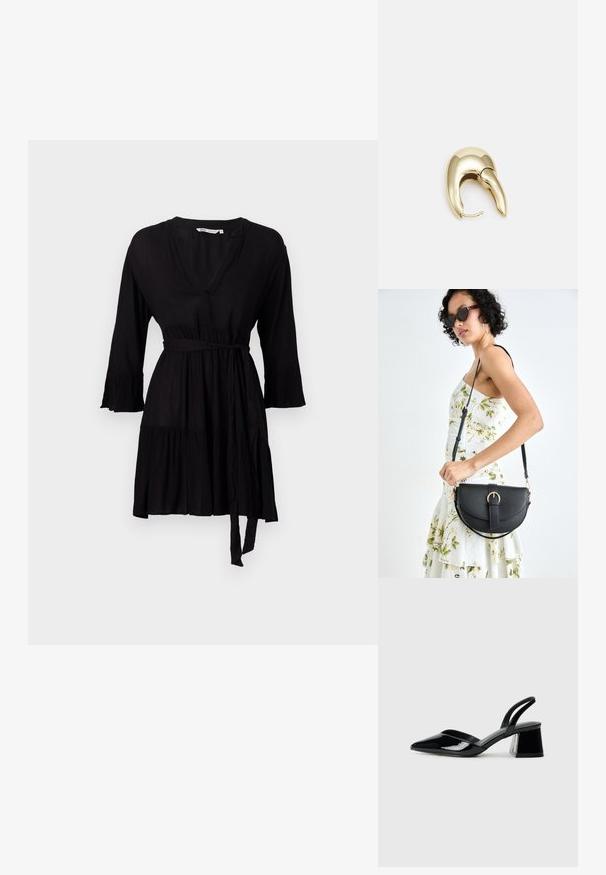 Crna haljina od lagane tkanine, s V-izrezom, dugim zvonastim rukavima, strukiranim strukom s mašnom i slojevima na rubu.; Crne lakirane kožne sandale s otvorenom petom i špicastim vrhom, s geometrijskom blok petom. Imaju elegantan, minimalistički dizajn i glatku teksturu.; Crna kožna torba s lukovitim oblikom, odvojivim remenom i zlatnim detaljima. Torba ima preklop s kopčom.; Zlatne metalne naušnice s elegantnim, zakrivljenim dizajnom. Imaju karakterističan šiljast oblik, poliranu površinu i zatvaranje na šarku.