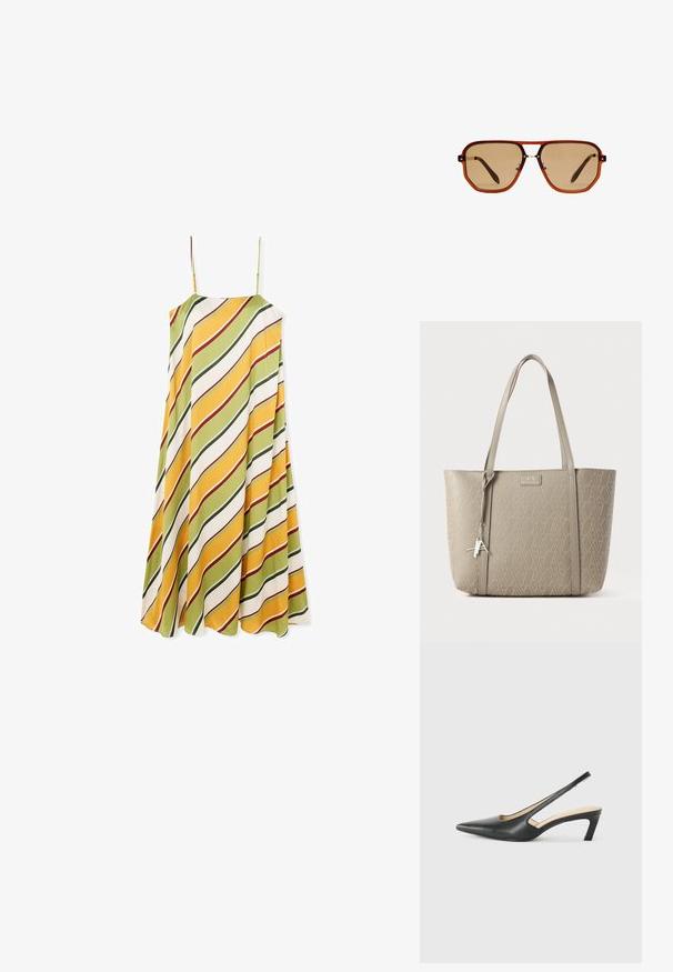Une robe sans manches avec une silhouette fluide, ornée de rayures diagonales vertes, jaunes et blanches avec des accents rouges, fabriquée dans un tissu lisse.; Slingback noir à bout pointu avec un petit talon, en cuir lisse et doté d'un design découpé sur le côté pour plus de respirabilité.; Lunettes de soleil octogonales brunes avec un cadre transparent couleur ambre et des verres teintés bruns. Elles présentent un accent métallique au niveau du pont et des branches fines.; Sac fourre-tout beige en matériau synthétique texturé, arborant un motif géométrique intégral, deux poignées et un accent avec un charme argenté.