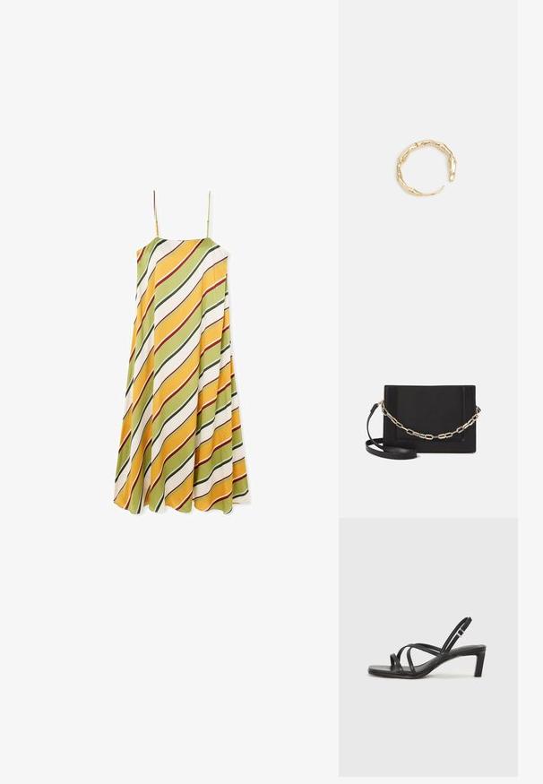 Erityisesti muotoiltu hihaton mekko, jossa on virtaava leikkaus, sisältää vinoraitoja vihreänä, keltaisena ja valkoisena punaisilla yksityiskohdilla, valmistettu sileästä kankaasta.; Mustat hihnalligat, joissa on neliön muotoinen kärki ja matala lohkokorko. Ominaisuuksiin kuuluu useita ohuita hihnoja ja säädettävä nilkkahihna. Valmistettu sileästä nahasta.; Musta nahkainen olkalaukku, jossa on sileä pinta, suorakulmainen muoto ja metalliketju yksityiskohtana edessä. Mukana säädettävä hihna.; Kultaketju, jossa on orgaaninen, kierretty muotoilu, sileä pinta ja cappatut päät, luoden modernin, veistoksellisen ilmeen.