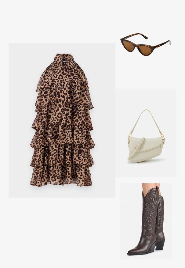Šaty s leopardím vzorom a riaseným dizajnom, vysokým golierom a viacerými vrstvami v odtieňoch hnedej a čiernej. Ľahká, priehľadná tkanina.; Hnedé kožené kovbojské topánky s špicatou špičkou a blokovým podrážkou, so zložitým prešívaním a vyvýšenými akcentmi na puzdre.; Mačacie slnečné okuliare s čiernym a oranžovým želvovinovým rámom, hnedými sklami a elegantnými, špicatými koncami. Obsahujú minimalistické logo na spánku.; Malá krémová kabelka s textúrovaným povrchom, dlhým nastaviteľným popruhom, reťazovým detailom a klopovým uzáverom. Zlaté kovové prvky.