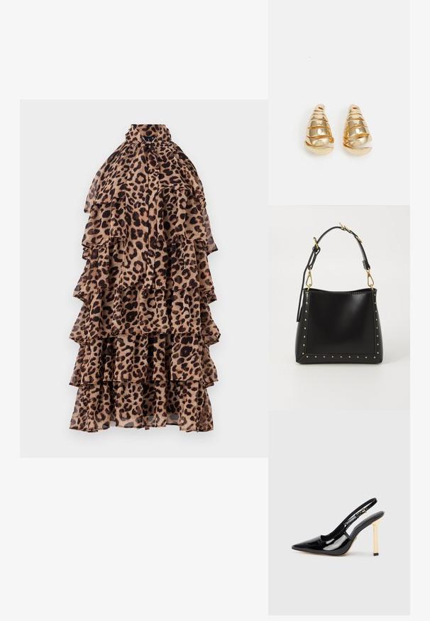 Leopárdmintás ruha fodros kialakítással, magas nyakkal és több réteggel barna és fekete árnyalatokban. Könnyű, áttetsző anyag.; Fekete lakkbőr pántos magassarkú cipő hegyes orral és aranyszínű négyzet sarkú díszítéssel. Állítható bokapánttal rendelkezik.; Fekete bőrtáska jól definiált formával, arany szegecsekkel a széleken és levehető pánttal, arany kiegészítőkkel.; Arany színű fülbevalók, amelyek hosszúkás kúp alakúak, spirális díszítéssel. Simább felület, tükröződő fényességgel, ívelt részletekkel.