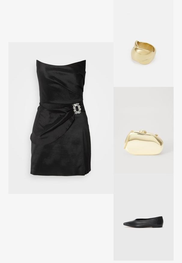 Svart sateng stroppeløs kjole med drapert detaljering og en dekorativ rhinestone-accent ved livet. R glatt tekstur, tettsittende silhuett.; Sorte lærballerina med spiss tå, minimalistisk design, glatt tekstur, lav hæl uten synlig metall eller dekorasjoner.; Metallisk gull clutch med en glatt, rund form, med en toppknapp-lås og et lite kjede for bæring.; Gullfarget ring med en glatt, vridd design. Har en polert overflate og avrundede kanter, som skaper en sømløs, flytende form.