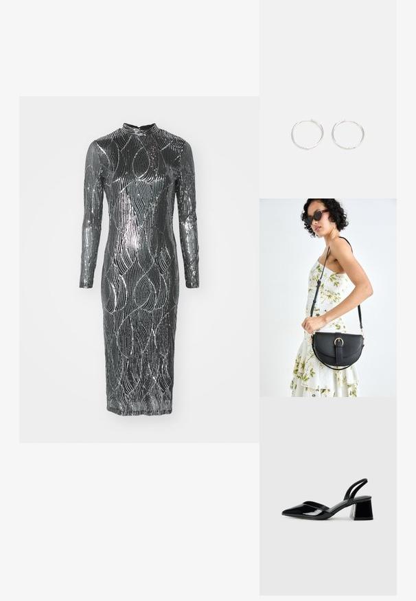 Fémes ezüst hosszú ujjú, testhezálló ruha magas nyakkal, hullámos csíkozású mintával és sima, fényes textúrával.; Fekete lakk bőr szandálkés magas sarkú cipő, hegyes orral és geometrikus tömbsarkakkal. Karcsú, minimalista dizájn és sima textúra jellemzi.; Fekete bőrtáska ívelt formával, levehető pánttal és arany színű fémrészekkel. A táskán egy csattal díszített fedél található.; Ezüst karika fülbevalók, letisztult, kerek formával, sima felülettel és látható díszítés nélkül. A átmérő nem megadott.