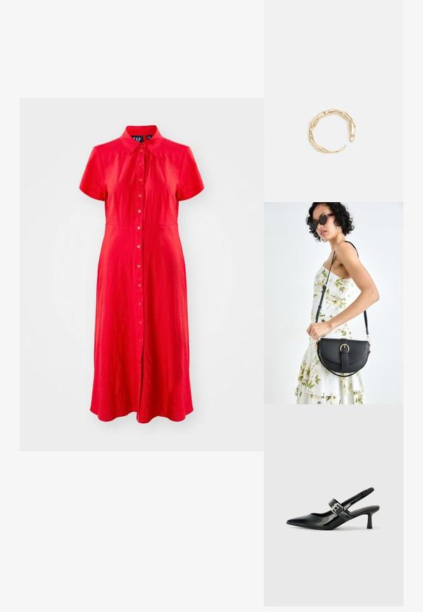 Sarkans pogas kleita, kas izgatavota no viegla auduma; tai ir apmale, īsas piedurknes un plūstošs svārku deļs, kas sasniedz ceļgalu garumu.; Melnas lakotas ādas sūkņa kurpes ar norādītu purngali un mazu bloku papēdi, ar sudraba sprādzi akcentā uz jostas.; Melnas ādas rokassoma ar izliekta formu, noņemamu siksnu un zelta aksesuāriem. Somai ir vāciņš ar sprādzes detaļu.; Zelta toņa gredzens ar organisku, vērptu dizainu, gludu virsmu un sašaurinātiem galiem, radot mūsdienīgu, skulpturālu izskatu.