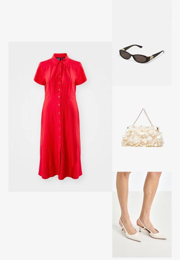 Rochie roșie cu nasturi, confecționată dintr-un material ușor; are guler, mâneci scurte și o fustă fluidă care se extinde până la genunchi.; Cizme slingback din piele vopsită bej, cu vârf ascuțit și toc de 5 cm, având laterale decupate și o curea subțire la gleznă.; Ochelari de soare din țiglă cu lentile ovale alungite, nuanță maro, accente cu logo auriu pe brațele laterale și brațe negre elegante.; Geantă albă cu flori, cu o suprafață din material adunat, bretea din lanț cu aspect auriu și închidere metalică. Prezintă petale texturate pentru un plus de detaliu.