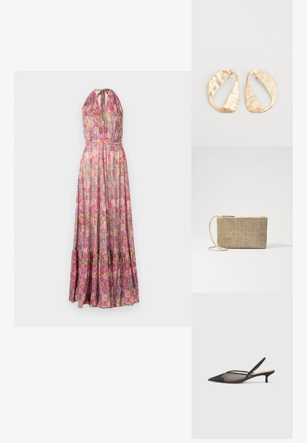 Maxime-vaate kevyestä kankaasta monivärisillä kukkakuoseilla. Ominaisuuksiin kuuluu kaula-aukko, laskostettu yläosa ja kerroksellinen röyhelöhelma.; NEOUS IRENA - Avokkaat - black; Loeffler Randall YASMINE FLAT CLUTCH - Olkalaukku - gold; Pari epämuodostuneita soikeita kultasävyisiä metallikorvakoruja, joissa on teksturoitu, hieman hakattu pinta valkoista taustaa vasten.