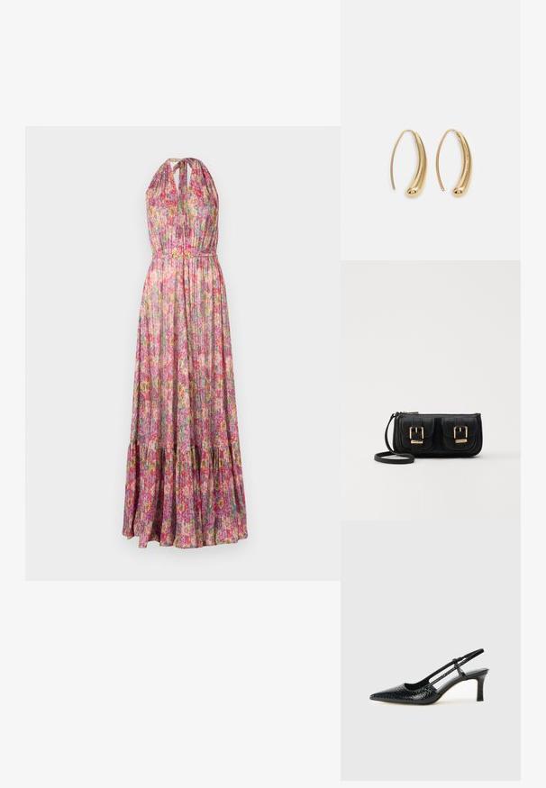 Maxiklänning i lätt tyg med flerfärgade blommönster. Har halterneck, plisserad bodice och ett lager-på-lager volangavslut.; Svart lackskin slingback-häl med spetsig tå, med texturerad ormskinnsprint, justerbar rem och en kort, texturerad blockklack.; Svart läderaxelväska med två framfickor, guldspännen, dragkedjestängning och en smal rem. Texturerad yta och kompakt rektangulär form.; Guldtonade metallörhängen i en kurvad, avlång form. Har en slät, glänsande yta och en rundad spets för en extra detalj.