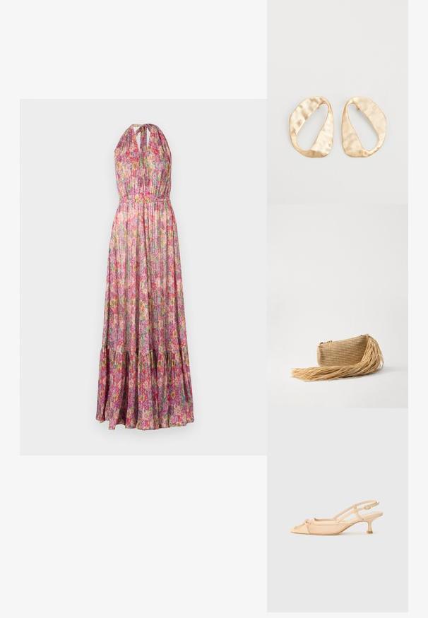 Maxi ruha könnyű anyagból, multiszínű virágmintákkal. Jellemzői a nyakba akasztható pánt, plisszírozott mellrész és rakott fodros szegély.; Stuart Weitzman KITTY - Klasszikus sarkú cipők - beige/barely beige; Cult Gaia VIERA - Alkalmi kézitáska - natural; Egy pár szabálytalan, ovális formájú, aranyszínű fém fülbevaló, enyhén kalapált felülettel, fehér háttéren.