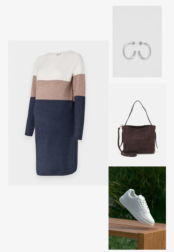 Megzta suknelė su ilgomis rankovėmis, dekoruota spalvų blokų dizainu kreminės, taupinės ir tamsiai mėlynos spalvų. Minkšta tekstūra ir apvalios kaklo iškirptės dizainas.; Balti sneakeriai su lygia sintetine viršutine dalimi, perforuota pirštų zona, plokščiomis raištelėmis ir tekstūruotu padu, padėti ant medinės paviršiaus.; Ruda suede audinė su minkšta tekstūra, turinti vieną petį ir subtilų kreivinį viršutinį atidarymą. Matomų metalinių detalių nėra.; Sidabrinės auskarai žiedai su lygiu, blizgiu paviršiumi. Suapvalinta forma, lengvas dizainas, su uždarymu ant smeigtuko.