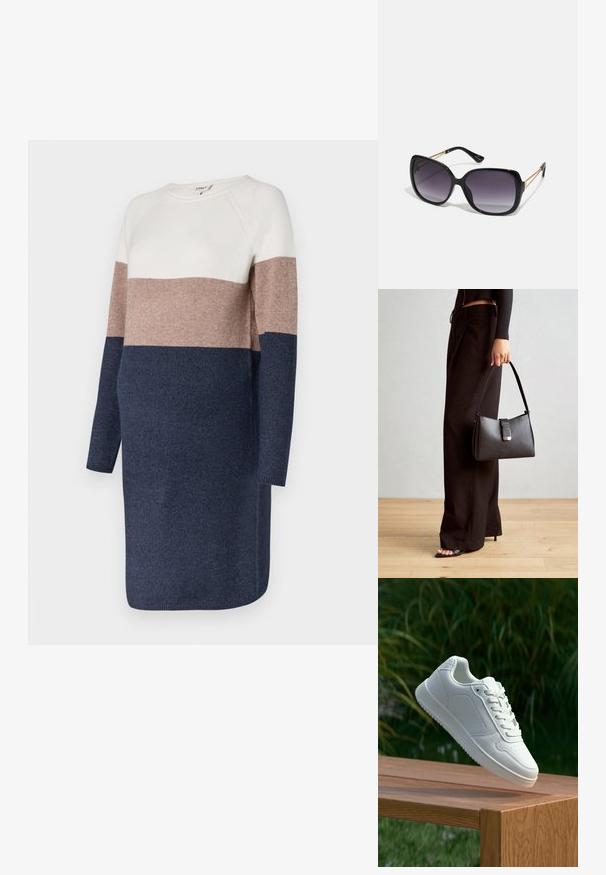 Megzta suknelė su ilgomis rankovėmis, dekoruota spalvų blokų dizainu kreminės, taupinės ir tamsiai mėlynos spalvų. Minkšta tekstūra ir apvalios kaklo iškirptės dizainas.; Balti sneakeriai su lygia sintetine viršutine dalimi, perforuota pirštų zona, plokščiomis raištelėmis ir tekstūruotu padu, padėti ant medinės paviršiaus.; Juodos didelės saulės akinių su pereinamais objektyvais, storomis rėmeliais ir auksinės spalvos grandinėmis ant šventyklų.; Juodas rankinė struktūrizuota forma, lygi tekstūra ir metalinis užsegimas. Suporuota su plačiomis juodomis kelnėmis ir atvirais bateliais ant medinių grindų.