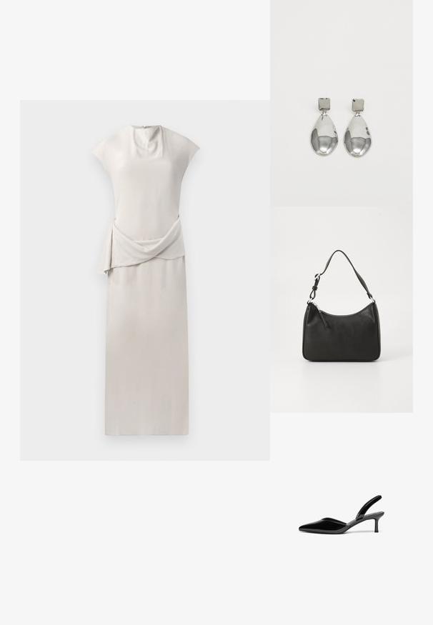Rochie elegantă, fără mâneci, dintr-un material bej moale. Prezintă o secțiune drapată la talie și o siluetă dreaptă, netedă. Închidere cu fermoar la spate.; Cizme cu toc slingback din piele la culoare neagră, lucioasă, cu vârful ascuțit, toc stiletto mic și un design elegant, simplu, fără ornamente.; Geantă de mână din piele neagră, cu o formă curbată, curea unică, închidere cu fermoar și un branding subtil pe față. Textură fină, design minimalist.; Cercei din argint cu stud pătrat, având un finisaj neted și lustruit, într-o formă de lacrimă, care reflectă lumina cu o suprafață lucioasă.