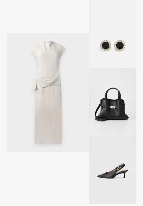 Lygus, be rankovių suknelė iš švelnaus smėlio spalvos audinio. Su drapiruota juosmens dalimi ir lygiu, tiesiu siluetu. Užtrauktuko uždarymas nugaroje.; Juoda slingback aukštakulnė batų su smailiu nosiu, lygia odos tekstūra ir aukso atspalvio sagtimi ant dirželio.; Juodas odinis rankinės su tekstūruota apdaila, turintis dvi viršutinės rankenos, nuimamą peties diržą ir sidabrinį užsegimą.; DKNY INLAY STUD - Auskarai - black/gold-coloured