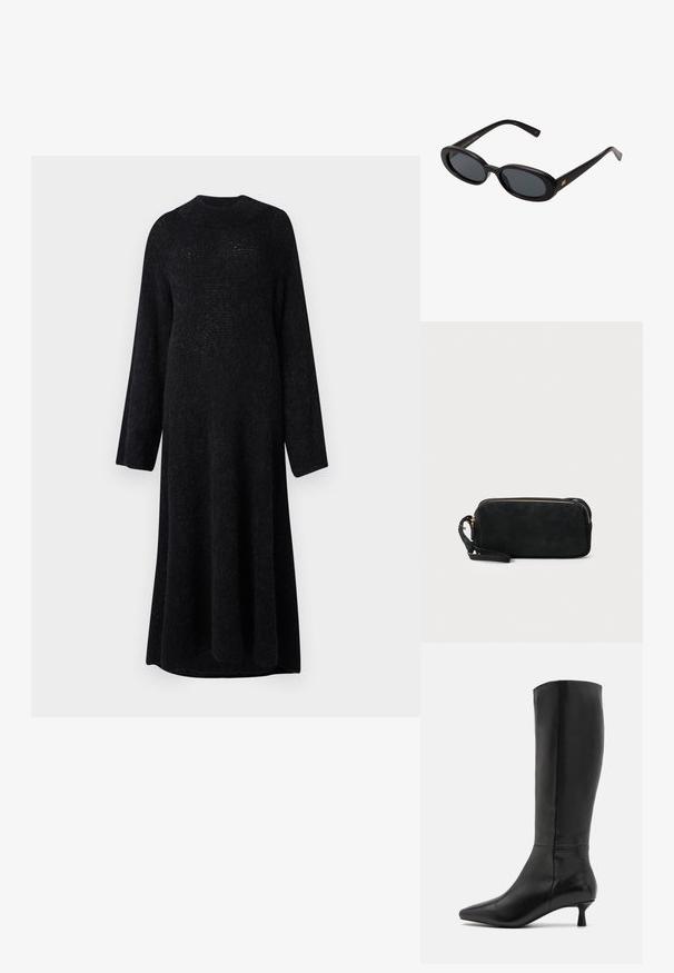 Langes schwarzes Strickkleid mit rundem Ausschnitt und langen Ärmeln, das einen lockeren Schnitt und eine weiche Textur aufweist.; Zign Stiefel - black; Schwarze, oversized Sonnenbrillen mit ovalen Gläsern, glattem Kunststoffrahmen und goldenen Akzenten an den Bügeln. Die dunklen Gläser bieten Sonnenschutz.; Schwarze Wildleder-Clutch mit einem Reißverschluss und abnehmbarem Handgelenkband. Verfügt über goldfarbene Hardware und eine glatte, matte Oberfläche.