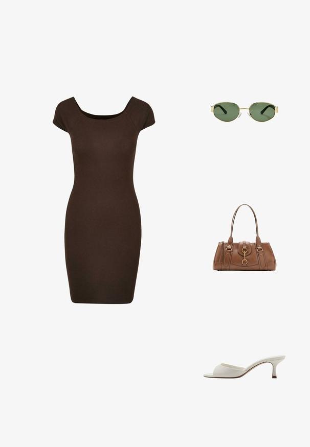 Hnědá žebrovaná bodycon šaty s krátkým rukávem a kulatým výstřihem, navržené pro přiléhavý siluetu. Hladký povrch po celém oděvu.; Bílé otevřené lodičky na vysokém podpatku s hladkým povrchem, minimalistickým designem a štíhlým podpatkem, se slabým hnědým akcentem na podrážce.; Sluneční brýle s metalickým zlatým rámem, zelenými skly, oválného tvaru, s černými stranicemi a průhlednými nosními podložkami. Čistý, minimalistický design.; Hnědá kožená kabelka s dvojitými uchy, zlatými kovovými detaily a strukturovaným designem. Disponuje centrálním klopovým uzávěrem s detailním poutkem.