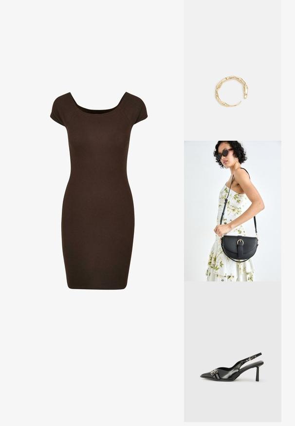 Brązowa dopasowana sukienka z krótkimi rękawami i okrągłym dekoltem, zaprojektowana w celu podkreślenia sylwetki. Gładka tekstura przez całą długość.; Czarne lakierowane buty typu slingback z ostrym noskiem, paskami na kostkach z srebrnymi klamrami i elementami metalowymi oraz smukłym obcasem.; Czarna skórzana torebka o zakrzywionym kształcie, z odpinanym paskiem i złotymi akcentami. Torebka posiada klapę z zapięciem w kształcie klamry.; Pierścionek w odcieniu złota z organicznym, skręconym wzorem, o gładkiej fakturze i zwężających się końcach, tworzący nowoczesny, rzeźbiarski wygląd.