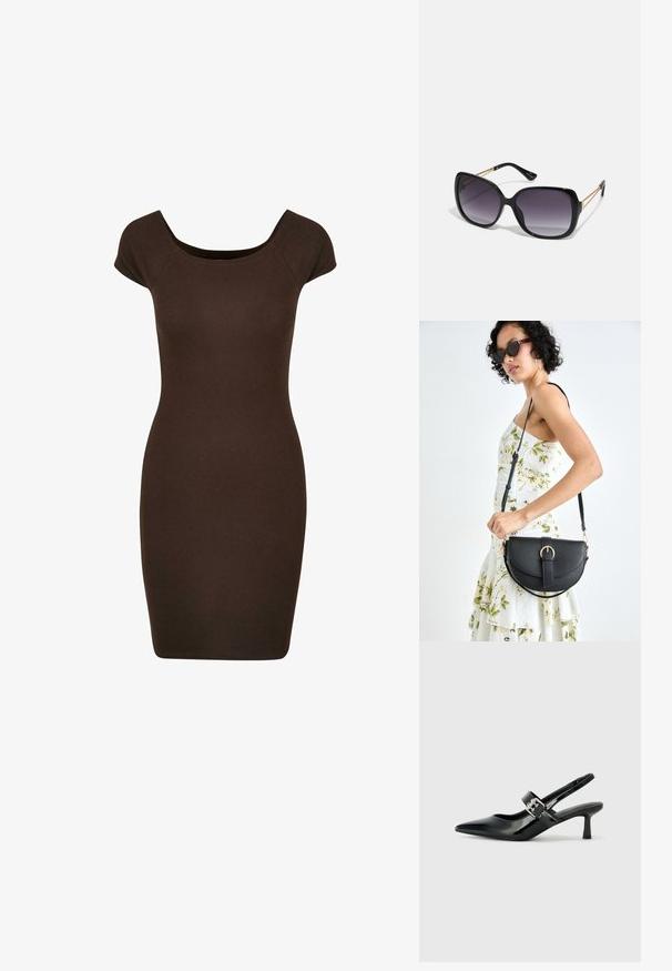 Ruda žalia ribota figūros suknele, turinti trumpas rankoves ir apvalią iškirptę, sukurta išryškinti figūrą. Visoje suknelėje glotni tekstūra.; Juodai lakuoti slingback aukštakulniai su smailiu kojų pirštu ir mažais blokiniais kulniukais, su sidabro sagtimi ant dirželio.; Juodos didelės saulės akinių su pereinamais objektyvais, storomis rėmeliais ir auksinės spalvos grandinėmis ant šventyklų.; Juodas odinis krepšys su išlenkta forma, nuimamu dirželiu ir auksiniais detalėmis. Krepšys turi kilpą su sagtimi.; Auksinės spalvos žiedas, turintis organišką, sukimosi dizainą su lygiu paviršiumi ir siaurėjančiais galais, sukuriantis modernią skulptūrinę išvaizdą.