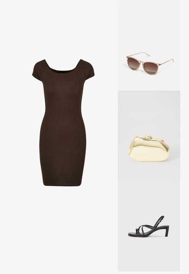 Braunes, geripptes Bodycon-Kleid mit kurzen Ärmeln und Rundhalsausschnitt, entworfen für eine enganliegende Silhouette. Glatte Textur über die gesamte Fläche.; Schwarze Sandale mit Riemchen, quadratischer Zehenform und niedrigem Blockabsatz. Verfügt über mehrere dünne Riemen und einen verstellbaren Knöchelriemen. Hergestellt aus glattem Leder.; Braune Farbverlauf-Sonnenbrille mit einem durchscheinenden rosa Rahmen, quadratischer Form und dünnen Metallbügeln. Verfügt über abgerundete Kanten und minimale Details.; Metallisch goldene Clutch mit einer glatten, abgerundeten Form, ausgestattet mit einem oberen Druckknopfverschluss und einem kleinen Kettenriemen zum Tragen.