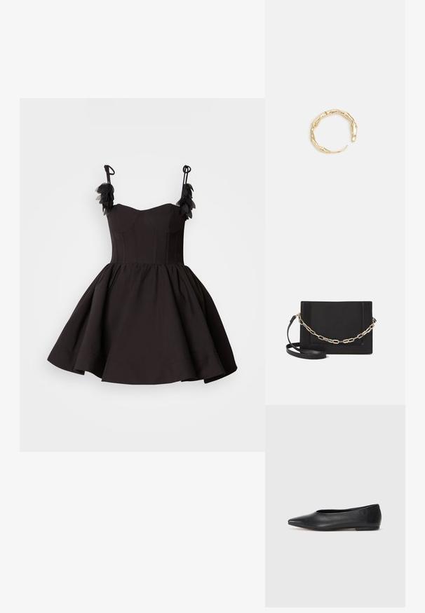 Crna haljina s prilagođenim gornjim dijelom i suknjom koja se širi. Ima tanki remen i cvjetne detalje na ramenima. Glatka tekstura tkanine.; Crne kožne balerinke, uski vrh, minimalistički dizajn, glatka tekstura, niska peta, bez vidljivih dodataka ili ukrasa.; Crna kožna torba preko tijela s glatkom teksturom, pravokutnim oblikom i metalnim lancem na prednjoj strani. Uključena je podesiva naramenica.; Prsten u zlatnoj nijansi s organskim, uvijenim dizajnom, glatkom teksturom i suženim krajevima, koji stvara moderan, skulpturalni izgled.