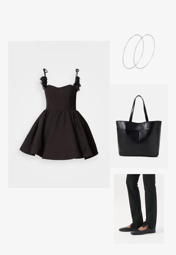 Melnā kleita ar pieguļošu augšdaļu un izplestu svārku. Ar smalkām plecu siksnām un ziedu akcentiem uz pleca. Gluda auduma tekstūra.; Melni ādas baleta zābaki ar smailo purngalu, siksniņa ar sudraba sprādzi, kombinēti ar melniem tailētiem biksēm ar šķēluma apakšdaļu.; Melnas ādas iepirkumu soma ar divām garām rokturām, gludu tekstūru un strukturētu formu. Iekļauj priekšējo kabatu papildu uzglabāšanai.; Sudraba gredzenveida auskari ar minimālistisku dizainu. Cirkulāra forma, gluda tekstūra un plāns profils. Vieglu svaru ar spīdīgu apdari.