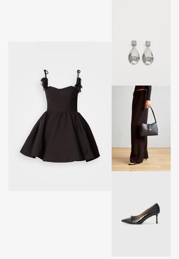 Černé šaty s přiléhavým korzetem a rozpouštějící se sukní. Mají ramínka na tenké šňůrky a květinové ozdoby na rameni. Hladká struktura látky.; Černá lakovaná vysoká podpatková bota s špičatou špičkou, ozdobným páskem v přední části a tenkým stiletto podpatkem.; Černá kabelka se strukturovaným tvarem, hladkým povrchem a kovovým uzávěrem. Kombinována s širokými černými kalhotami a sandály s otevřenou špičkou na dřevěné podlaze.; Stříbrné kapkové náušnice se čtvercovou například, s hladkým, lesklým povrchem a kapkovým tvarem, odrážející světlo lesklým povrchem.