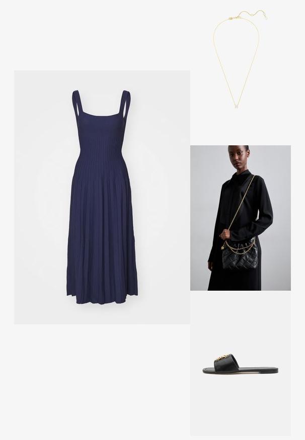 Tengerészkék maxi ruha bordázott felsőrésszel és plissé szoknyával. Széles pántokkal és karcsúsított derékkal rendelkezik, puha, rugalmas anyagból készült.; Fekete bőr csúsztatós szandál, nyitott orral, lapos talppal és dekoratív arany díszítéssel a felsőrészen. Elegáns, sima textúrájú, minimális design.; Fekete steppelt bőr kézitáska gyűrt toppal, arany lánc vállpánttal és téglalap alakú formával, egyszerű háttér előtt tartva.; Arany láncos nyaklánc egyetlen gyémánt medállal, finom kialakítással és textúrázott lánccal, állítható hosszúsággal, amely a fényben csillog.